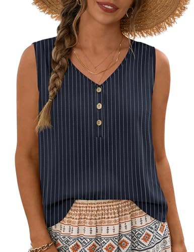 AKEWEI Tank Top for Women Spring Summer Tops 2026 Striped Shirt Women Sleeveless Linen Shirts V Neck Beach Vacation Holiday Outfits - Image 1