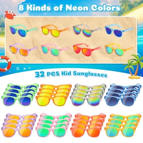 Froman Kids Sunglasses Bulk - 32 Pack Party Favors for Boys Girls Ages 3-8, Neon Colors with UV 400 Protection, Birthday Goodie Bag Stuffers - Thumbnail 2