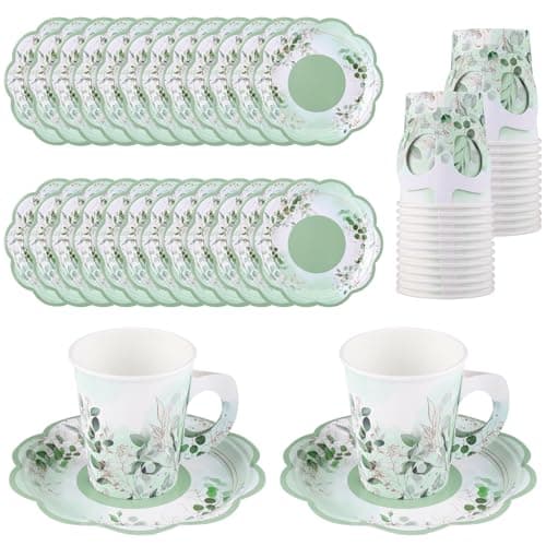 NatNarr 24 Sets Eucalyptus Leaf Tea Party Cups, 7 OZ Disposable Paper Tea Cups with Handle and Plates Teacups and Saucer Sets for Bridal Baby Shower Wedding Birthday Spring Party - Image 1