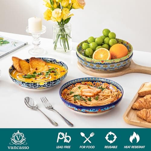 vancasso Pasta Bowls Set of 4, Ceramic Salad Serving Bowls, 42Oz Large Pasta Bowls, 8.7 in Colorful Bowl Plates for Soup, Bohemian Shallow Bowls for Kitchen, Microwave & Dishwasher Safe - Thumbnail 4