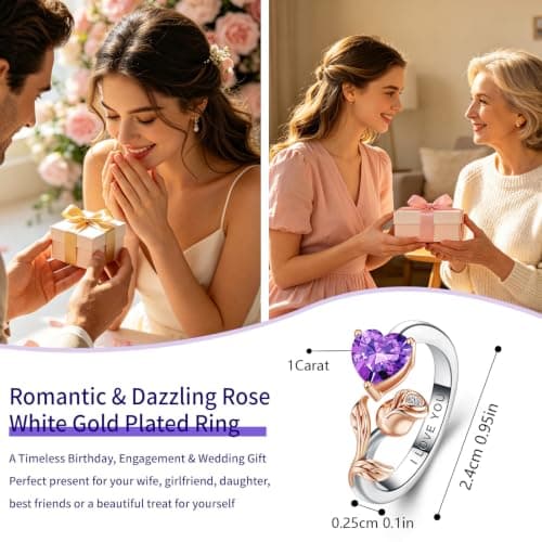 1CT Rose Heart Adjustable Ring 6.5~8 Ring Moissanite/Lab Created Ruby/Emerald And More VVS1 D Clarity 18K White/Rose Gold Gift for Wife Mother Daughter Birthday Wedding Engagement Christmas Anniversary Mothers Day Gift for Mom Bride (02/06-Feb/Jun Amethyst) - Thumbnail 3