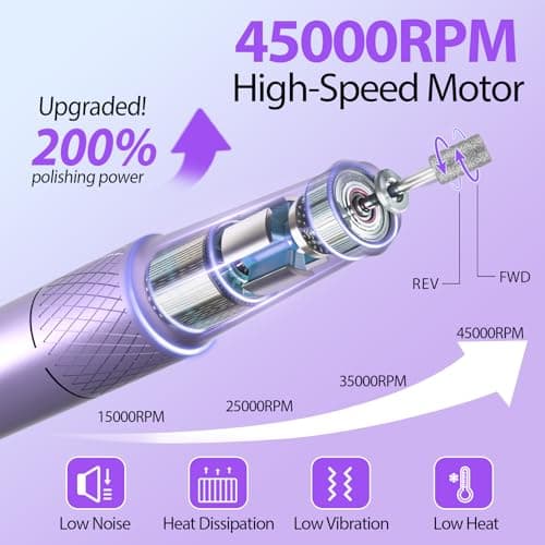 PYVOLA Professional Electric Nail Drill E-File Machine - 45,000 RPM Corded Nail Drills Kit with Low Noise & LED Display for Shaping, Removing & Polishing Acrylic Gel Nails for Salon Home - Thumbnail 2