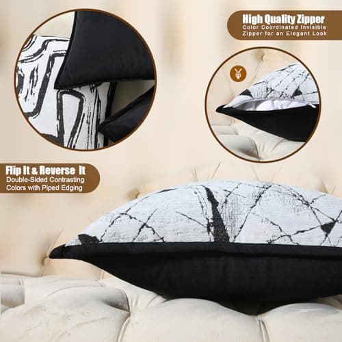 OLSUNOR Black and White Pillow Covers, 18x18 inch Textured Decorative Throw Pillow Covers w/Invisible Zipper & Velvet Flange Edge, Soft Chenille Jacquard Accent Pillow for Mother's Day, Home Decor - Thumbnail 5