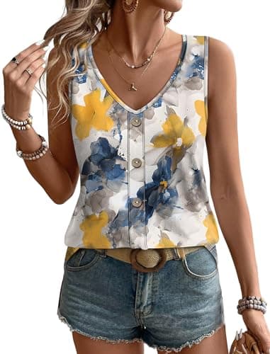 WIHOLL Summer Womens Boho Tops Fashion Clothing Plus Size Tank Tops V Neck Travel Cruise Outfits T Shirts Patterned-Flower 2XL - Image 1