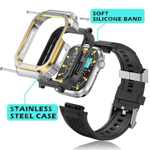 Deczone Band with Stainless Steel Case Compatible with Apple Watch Series 11 10 42mm Band, iwatch Bands Rugged Metal Protective Cover for Men (Silver Gold) - Thumbnail 4