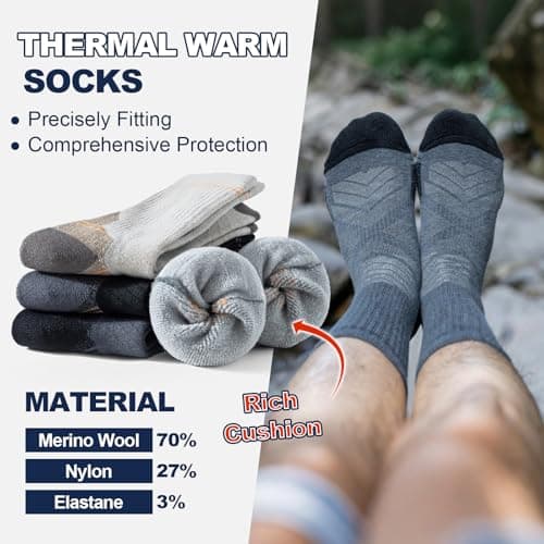 BISOUSOX Merino Wool Warm Socks for Men Women, 3 Pairs Winter Thermal Moisture Wicking Boot Socks, Breathable Wool Hiking Sock - Thumbnail 6