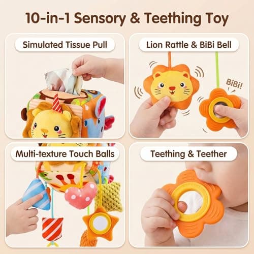 Montessori Toys Baby Tissue Box Toy for 6-12 Months, Car Seat Toys for Babies, Car Seat Hanging Sensory Toys Pulling Play Scarf with Crinkle Textures, Newborn Gifts Toys, Soft Textured Baby Toys​ - Thumbnail 3