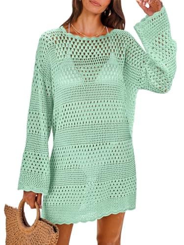 ANRABESS Women Swimsuit Crochet Swim Cover Up 2026 Summer Bathing Suit Swimwear Mesh Knit Beach Dress Vacation Outfits Light Green Small - Image 1