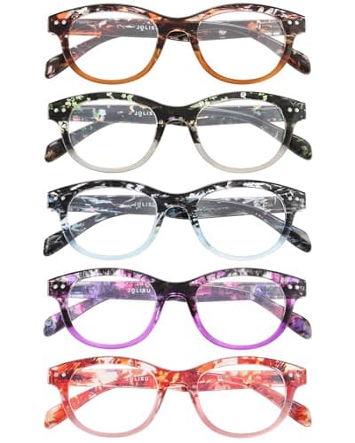JOLISU 5 Pack Reading Glasses for Women and Men, Light Weight Eyeglasses with Spring Hinge, Blue Light Blocking Readers-1.75