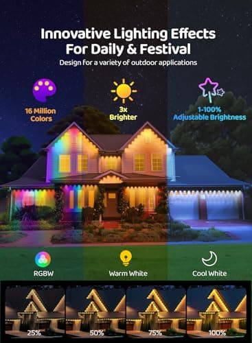 Gaoxun 150ft Permanent Outdoor Lights, RGBW Smart Outdoor Lights for House with 54 LED, APP/Remote Control, 47 Scene Modes, Timer, IP67 Waterproof Eaves Lighting for Daily Holiday Christmas Decors - Thumbnail 4