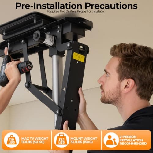 360° Manual Swivel Electric Flip Down TV Mount for 32–75 Inch Flat/Curved Screens, Remote Control, 0–80° Electric Tilt, for Living Room, Bedroom, and Patio - Thumbnail 4