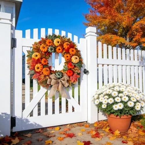 HipTree 20 Inch Fall Wreath for Front Door, Rustic Farmhouse Artificial Wreath with Plastic Pumpkins Maple Leaves Burlap Bow, Halloween Thanksgiving Harvest Decor for Porch Wall Indoor Outdoor - Thumbnail 4