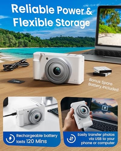 True 5K Digital Camera for Photography, Autofocus 80MP with 18X Digital Zoom 3" 270° Flip Screen Dual-Lens Selfie Camera for YouTube Vlogging & Content Creation, 2 Batteries, 32GB Card & Flash,White - Thumbnail 6