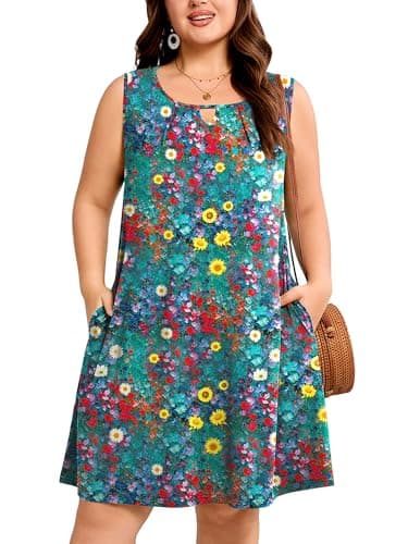 AusLook Plus Size Floral Midi Dress for Women Sleeveless Casual A Line Swing 1X Dress with Pockets Keyhole Neck Summer Beach Vacation Travel Dress - Image 1