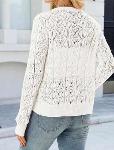 ZAFUL Womens Crochet Cardigan Cotton Long Sleeve Sweaters Trendy Lightweight Button Down Knit Shrugs Tops White L - Thumbnail 5