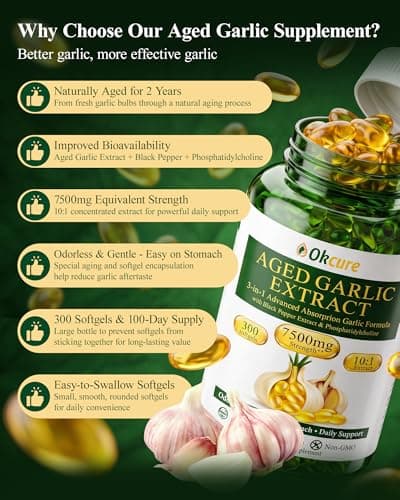 Okcure Aged Garlic Extract, 300 Softgels Odorless Garlic Supplement, 3-in-1 (Black Pepper + Phosphatidylcholine) for Heart & Immune Support, Standardized for SAC, Organic, Non-GMO, Gluten-Free - Thumbnail 2