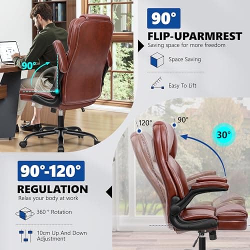 PU Leather Executive Office Chair, Ergonomic High-Back Computer & Gaming Chair with Adjustable Height, Rolling Swivel & Flip-Up Armrests, Comfy Padded Seat for Home Office-Brown - Thumbnail 6