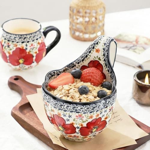 ALMA 2026 Updated Soup Bowls With Loop Handles Microwave & Oven Safe, 18oz Handpainted Flower Soup Mug for Women, Decorative Ceramic Cereal Bowls For Soup,Fruits,Stew,Ice cream,Snack-Red Lily Theme - Thumbnail 2