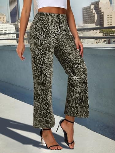 Genleck Women's Wide Leg Jeans – Trendy Cropped Loose Jeans High Waisted Stretchy Capri Denim Pants Baggy Trousers 2025 (Leopard Print, 8) - Thumbnail 5