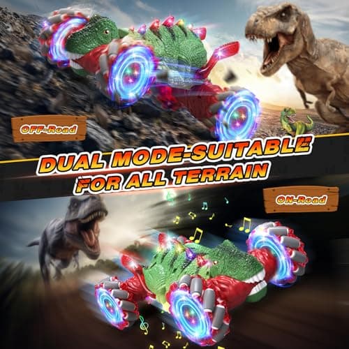 OSIMILY Remote Control Car，Dinosaur Toys car for Kids，2.4GHz LED Gesture Sensing RC Car，4WD Rotation RC Stunt Car with Lights and Music，Dino Toys for Kids Ages 3 4 5 6 7 Gifts for Boys Girls(Red) - Thumbnail 4