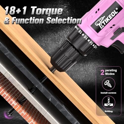 TIKEOL 12V Cordless Drill Set with Battery & Charger, Electric Power Drill with Pure Copper Motor, 180 In-lbs Torque, 18+1 Clutch, 3/8" Keyless Chuck, LED Light, Drill Kit for Home Repair, DIY(Pink) - Thumbnail 4