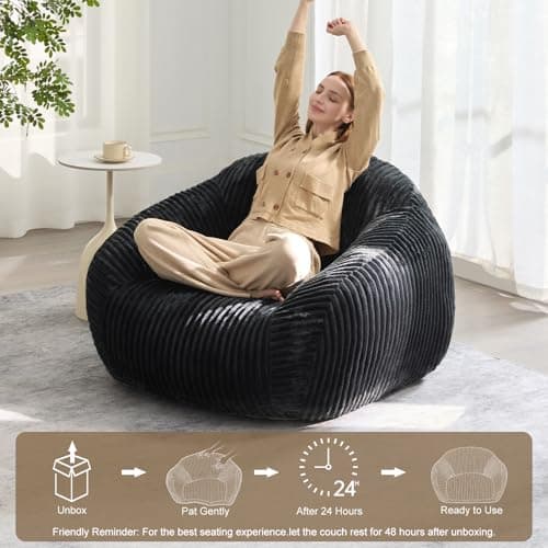 HUGHEAVEN Bean Bag Chair for Adults & Kids, Bean Bag with Armrests, Cozy Reading Chair with Back Support,Sofa for Bedroom, Living Room, Black - Thumbnail 6