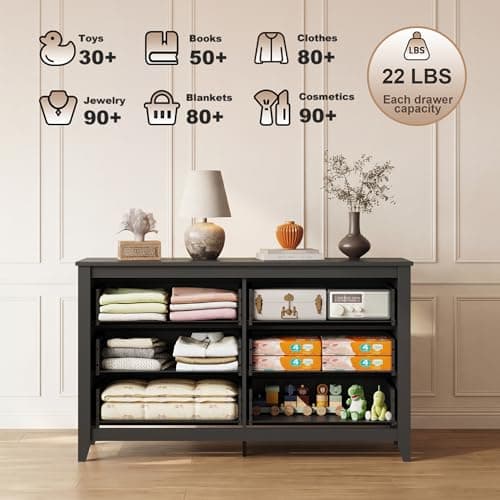 GALAXHERO 6-Drawer Wood TV Stand for 65" TV with Metal Handle, Large Double Wooden TV Console for Living Room, Office, Hallway, Closet, Black - Thumbnail 2