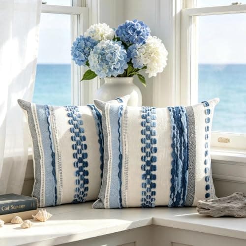 yuboo Summer Coastal Decorative Throw Pillows Set of 2, 18x18 Blue and White Textured Tufted Pillow Covers, Nautical Beach House Decor for Couch, Sofa, Bedroom and Patio (Inserts Not Included) - Image 1