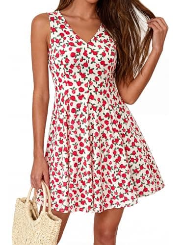 BTFBM Womens Summer Dresses 2026 Spring Casual Sleeveless Floral Knit Flowy A-Line Mini Dress Pockets Beach Sundress(Floral Beige Red, Small) - Image 1