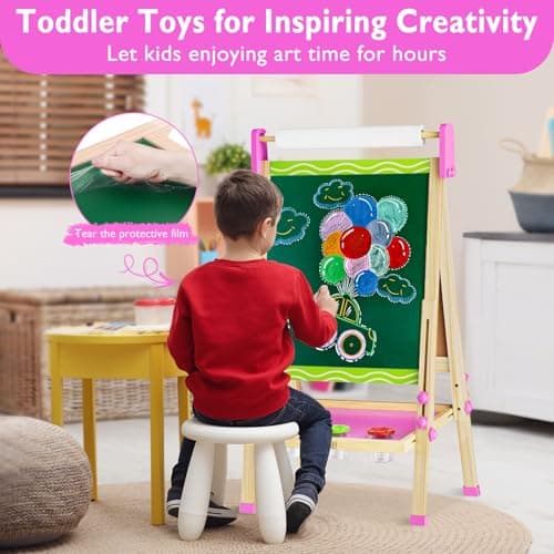 Adjustable Double-Sided Magnetic Wooden Easel for Kids with Paper Roll - Thumbnail 5