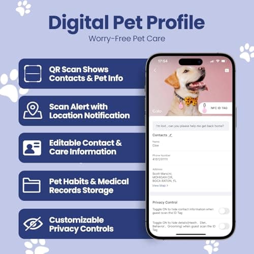 PawView Silent Silicone Dog Tags Personalized for Pets, Scan QR for Instant Location Alerts, Emergency Contact and Modifiable Pet Profile, Waterproof, 1 Pack (Blue) - Thumbnail 3