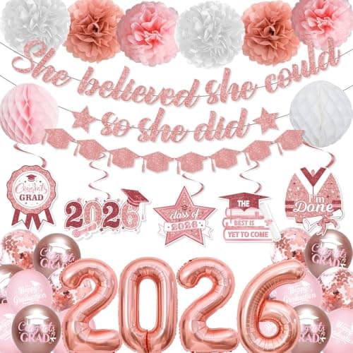 Pink Graduation Decorations Class of 2026, Pink Graduation Decorations Include She Believed She Could Banner Garland Hanging Swirls Balloons Paper Pompoms Honeycomb Balls for Graduation Decorations