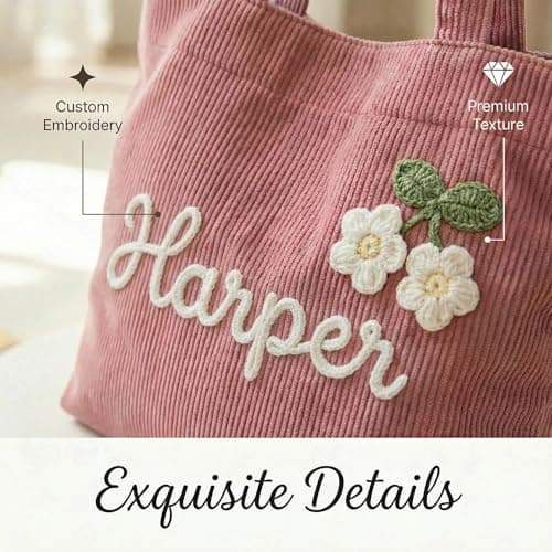 Personalized Corduroy Tote Bag for Women, Custom Name Large Shoulder Bag with Zipper, 3D Crochet Flower Embellishment, Stylish Travel College Work Handbag, Ideal Birthday Christmas Mother's Day Gift - Thumbnail 4