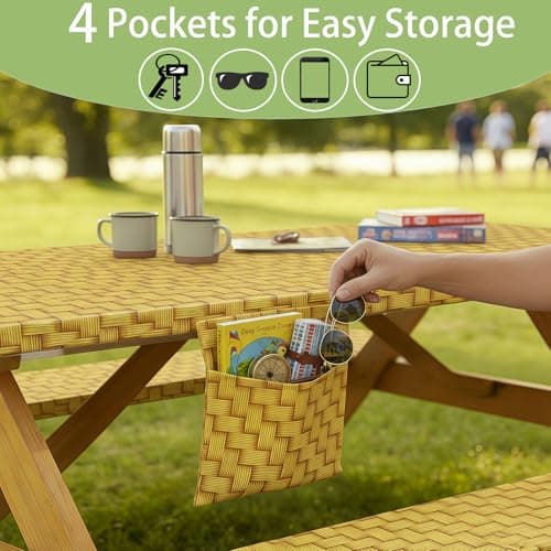 memKiya Fitted Picnic Table Cover with Chair Covers Elastic Water Resistant Camping Tablecloth for 6 Foot Rectangle Tables Garden Patio Outdoor Organization Road Trip Hiking Motorhome Essential Gift - Thumbnail 5