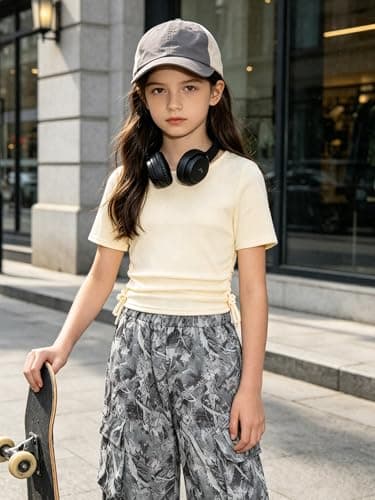 AMAWMW Girls Clothes Summer Outfits Short Sleeve Ruched T-Shirt Tops and Camo Cargo Pants 2Pcs Teen Clothing White 15-16Y - Thumbnail 4