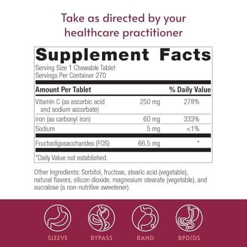 Bariatric Advantage Chewable Iron 60 mg - for Bariatric Surgery Patients - Iron with Vitamin C - No Iron Taste - Carbonyl Iron Supplement - Lemon & Lime - 270 Count - Thumbnail 4