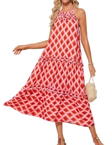 Long Flowy Boho Dresses for Women 2026 Summer Sleeveless Floral Casual Dress Loose Ruffled Tired Maxi Halter Dress Orange S - Image 1