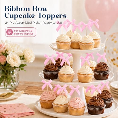 Oeyliz Pink Bow Cupcake Toppers Bow Cake Topper Decorations 24 PCS Pink Bows Cupcake Toppers Birthday Party Decorations Cake Bow Cupcake Topper for Baby Shower Birthday Wedding Bridal Party Supplies - Thumbnail 4