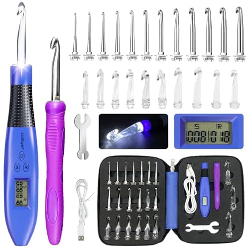 22 Size Crochet Hook Set with Light & Digital Counter, Ergonomic for Arthritic Hands, 2.0–14.0 mm Interchangeable Hooks, Rechargeable and Beginner-Friendly