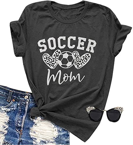Soccer Mom Shirt Women Funny Ball Mom T-Shirt Cute Letter Printed Graphic Tee Causal Short Sleeve Tops Dark Gray - Image 1