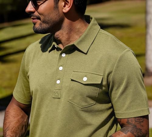 JEMLDL Short Sleeve Polo Shirts for Men Summer Quick Dry Stretch Slim Fit Golf Shirt with Pocket 4 Button Placket Olive L - Thumbnail 2