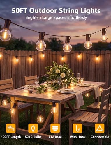 Kivonfa 100FT Outdoor String Lights - Shatterproof G40 LED Bulbs, Waterproof Connectable Patio String Lights for Outside Backyard, Wedding & Bistro Party Decor, Warm White 2700K (50 Bulbs + 2 Spare) - Thumbnail 3