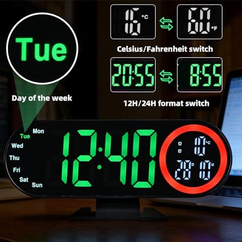 Digital Alarm Clocks with 16 Night Light, Loud Alarm Clock for Heavy Sleepers Adults Teens Kids Seniors, 3 Brightness 2 Alarm Mirror and LED Big Display Clocks for Bedside, Desk, Bedrooms Living Room - Thumbnail 6