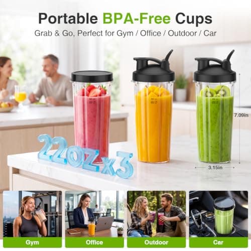 KOIOS Personal Blender for Smoothies with 3 x 22oz To-go Cups, BL319B Black - Thumbnail 3