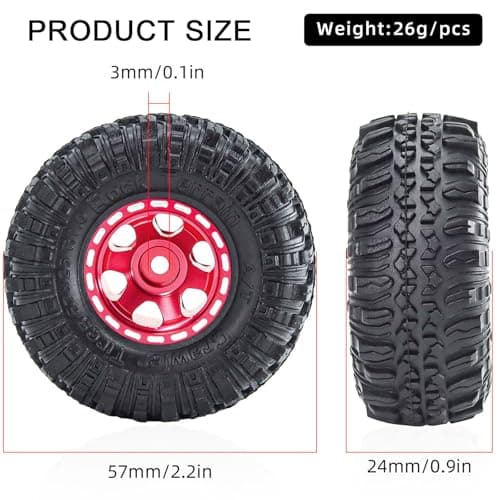 RcThjia 1.0 Beadlock Wheels and Tires Set 57 x 24 mm 1.0 inch Rubber Rock Crawler Tires & Alloy Blade Wheels for 1/18 1/24 Axial SCX24 TRX4M Gladiator Bronco C10 JLU Deadbolt RC Crawler Upgrade (Red) - Thumbnail 2