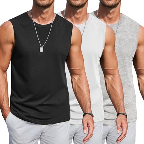 COOFANDY Black Sleeveless Gym Shirt Men Cotton Bodybuilding Muscle T-Shirts Fitness Tank Tops 3 Pack Light Grey S - Image 1
