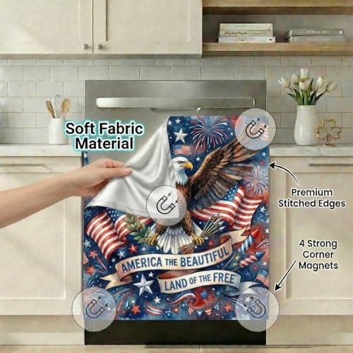 4th of July Decorations Patriotic Dishwasher Magnet Cover 23"x26" - Majestic Bald Eagle & American Flag Kitchen Decor - Land of The Free Fabric Magnetic Refrigerator Panel - Thumbnail 3