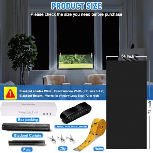Hezbjiti Blackout Shades for Indoor Windows, Portable Blackout Curtains No Drilling or Tools, UV Protection, Temporary Window Roller Shades for Home, Office, Bedroom, Door (54" W*72" H, Black) - Thumbnail 5
