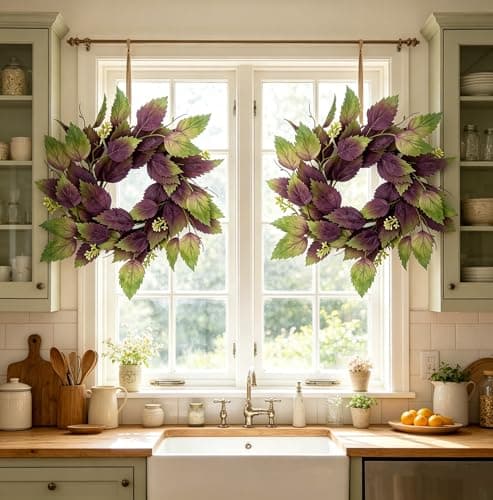 2 Pcs 16" Purple Hibiscus & Eucalyptus Leaf Wreath - Artificial Greenery Candle Ring Wreath for Front Door, Porch, Window, Farmhouse & Home Holiday Decor - All Season Wreath - Thumbnail 4
