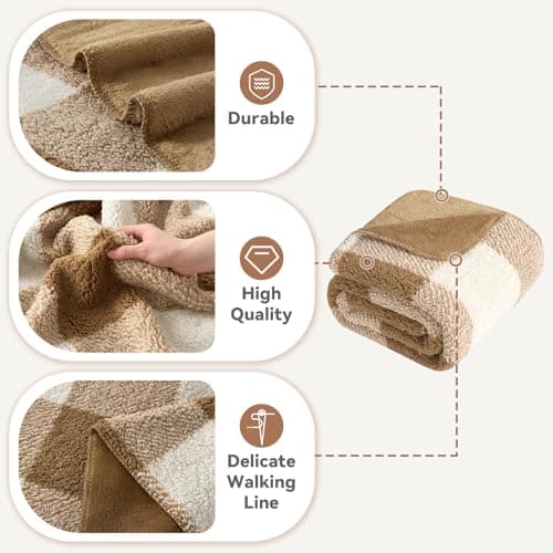 LURKA Checkered Sherpa Fleece Throw Blanket – Soft and Cozy, Medium Weight for All Season, Oversized Plush Throw for Couch, Bed & Pets, Brown, 90x90 Inches - Thumbnail 3